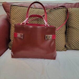 Salvatore Ferragamo Patent Leather Tote Purse Cognac Burgundy Red Gold Crossbody